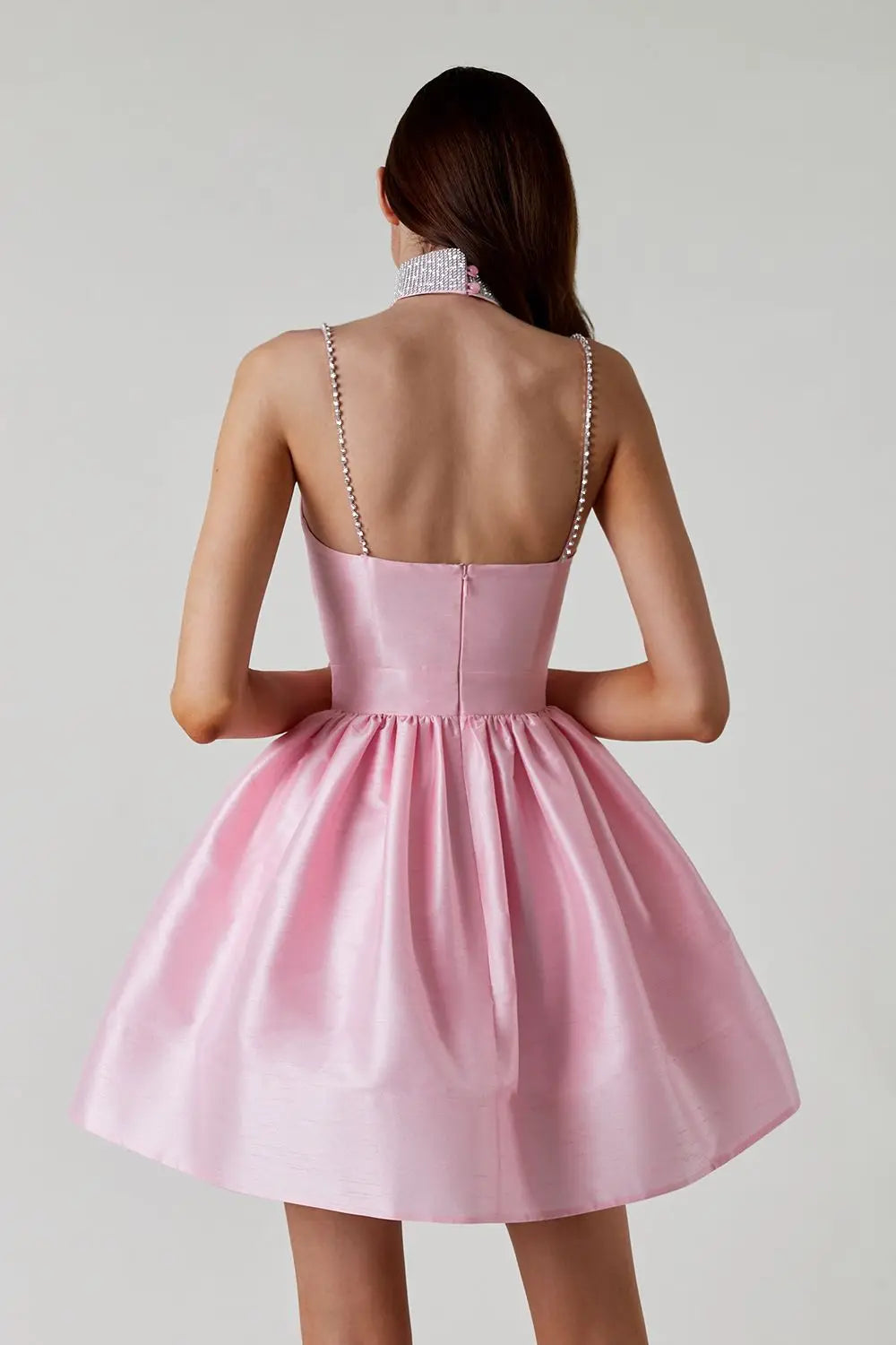 Elegant Diamond Spaghetti Strap Solid Color Low Cut Mini Evening Dress