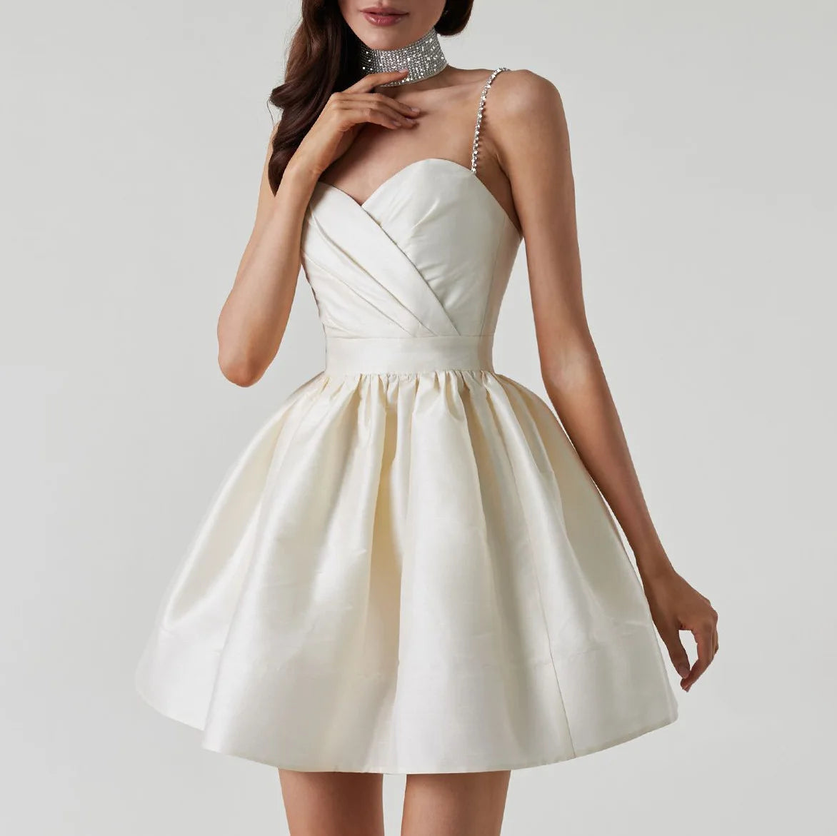 Elegant Diamond Spaghetti Strap Solid Color Low Cut Mini Evening Dress