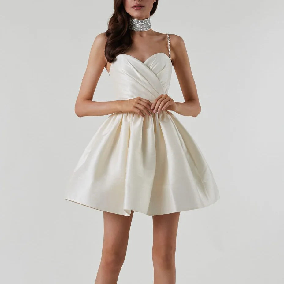 Elegant Diamond Spaghetti Strap Solid Color Low Cut Mini Evening Dress