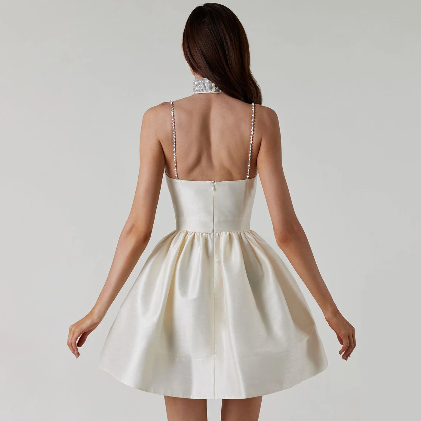 Elegant Diamond Spaghetti Strap Solid Color Low Cut Mini Evening Dress