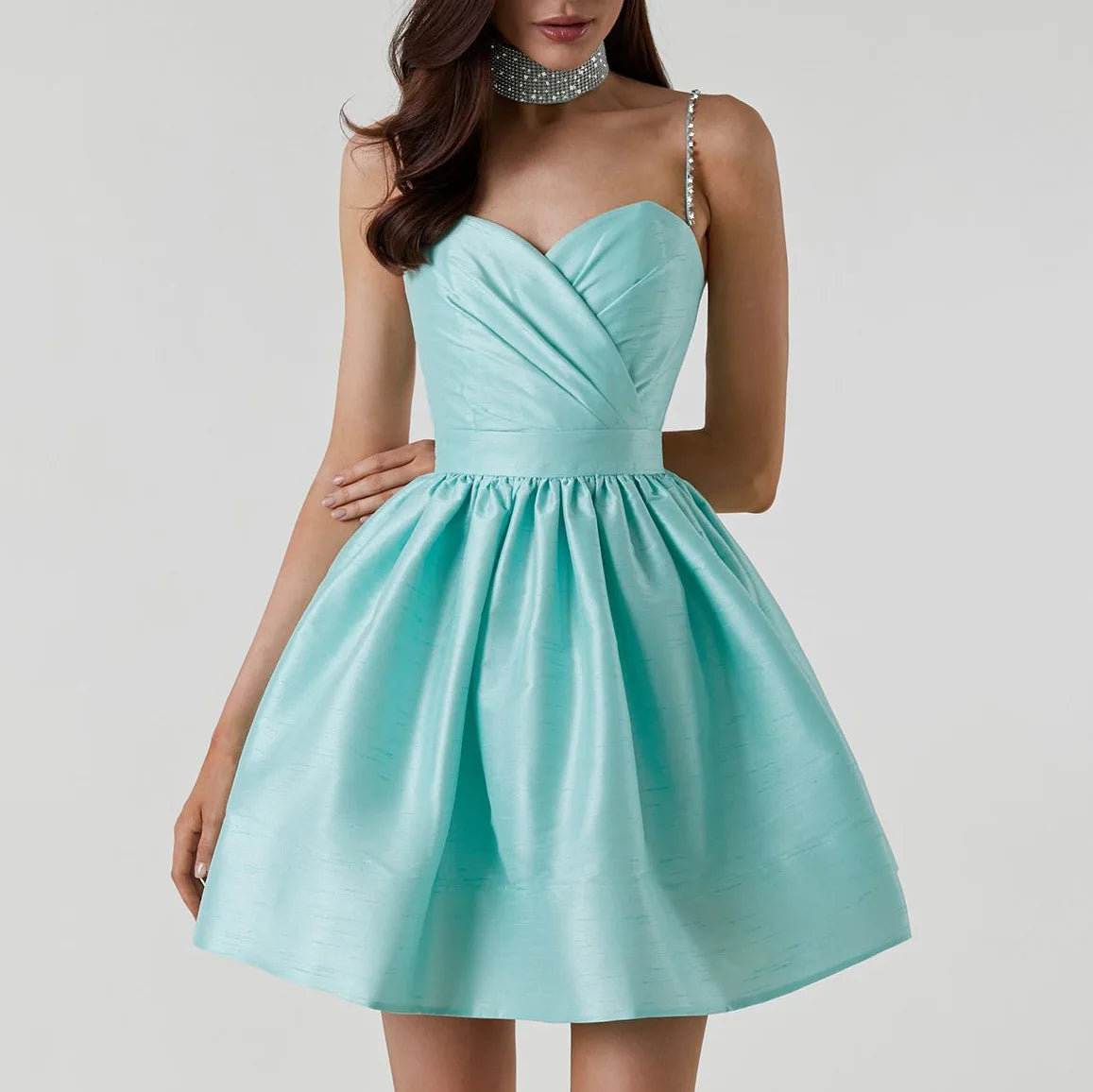 Elegant Diamond Spaghetti Strap Solid Color Low Cut Mini Evening Dress