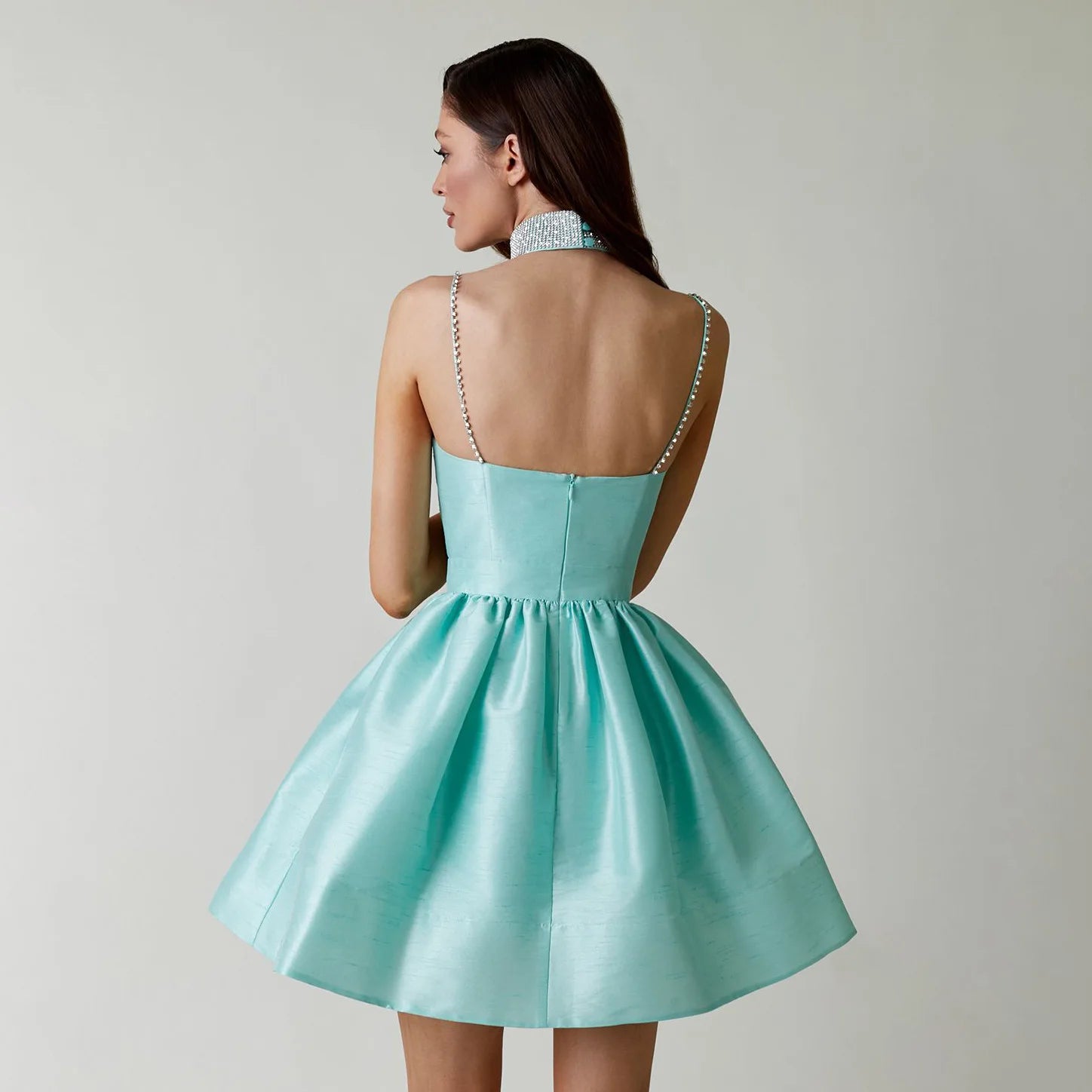 Elegant Diamond Spaghetti Strap Solid Color Low Cut Mini Evening Dress