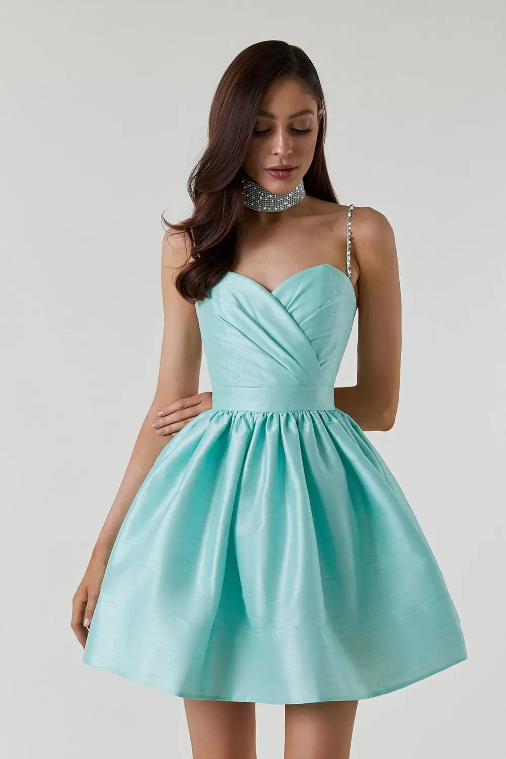 Elegant Diamond Spaghetti Strap Solid Color Low Cut Mini Evening Dress
