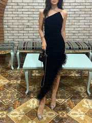 Elegant Diamond Straps Irregular One Shoulder Feather Bodycon Bandage Midi Dress