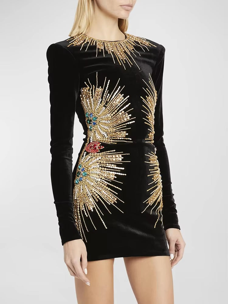 Elegant Diamonds Beaded Designer Long Sleeve Stunning Sequined Mini Dress