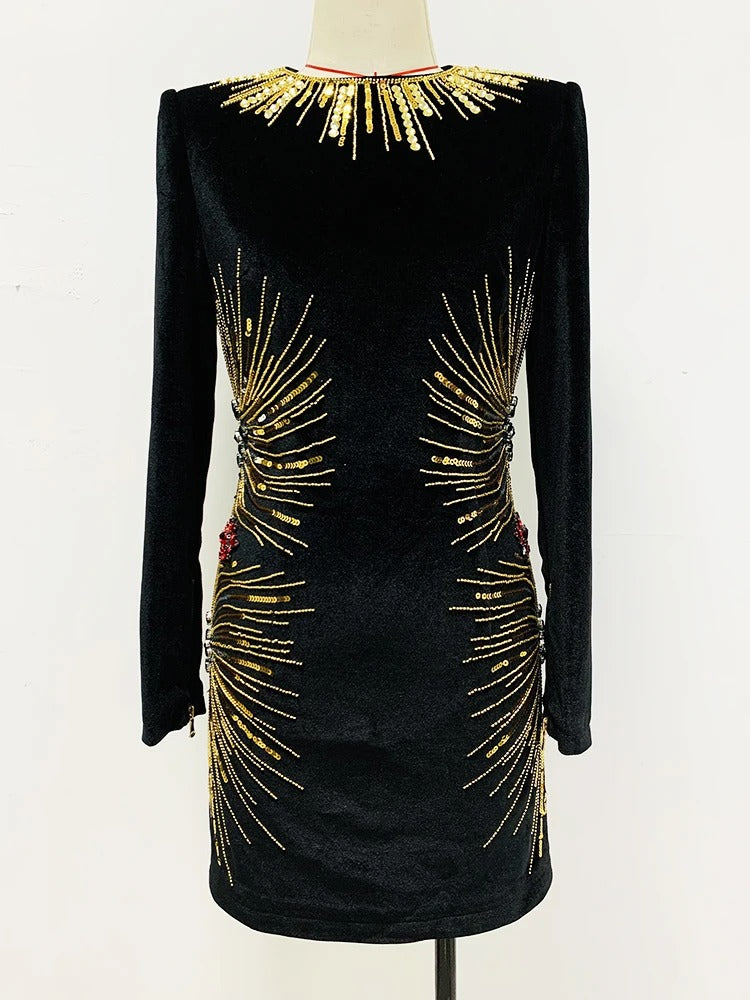 Elegant Diamonds Beaded Designer Long Sleeve Stunning Sequined Mini Dress