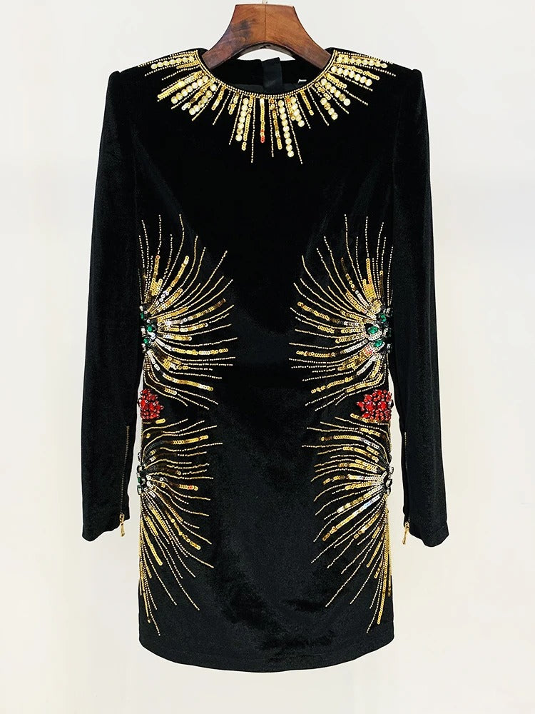 Elegant Diamonds Beaded Designer Long Sleeve Stunning Sequined Mini Dress