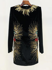 Elegant Diamonds Beaded Designer Long Sleeve Stunning Sequined Mini Dress