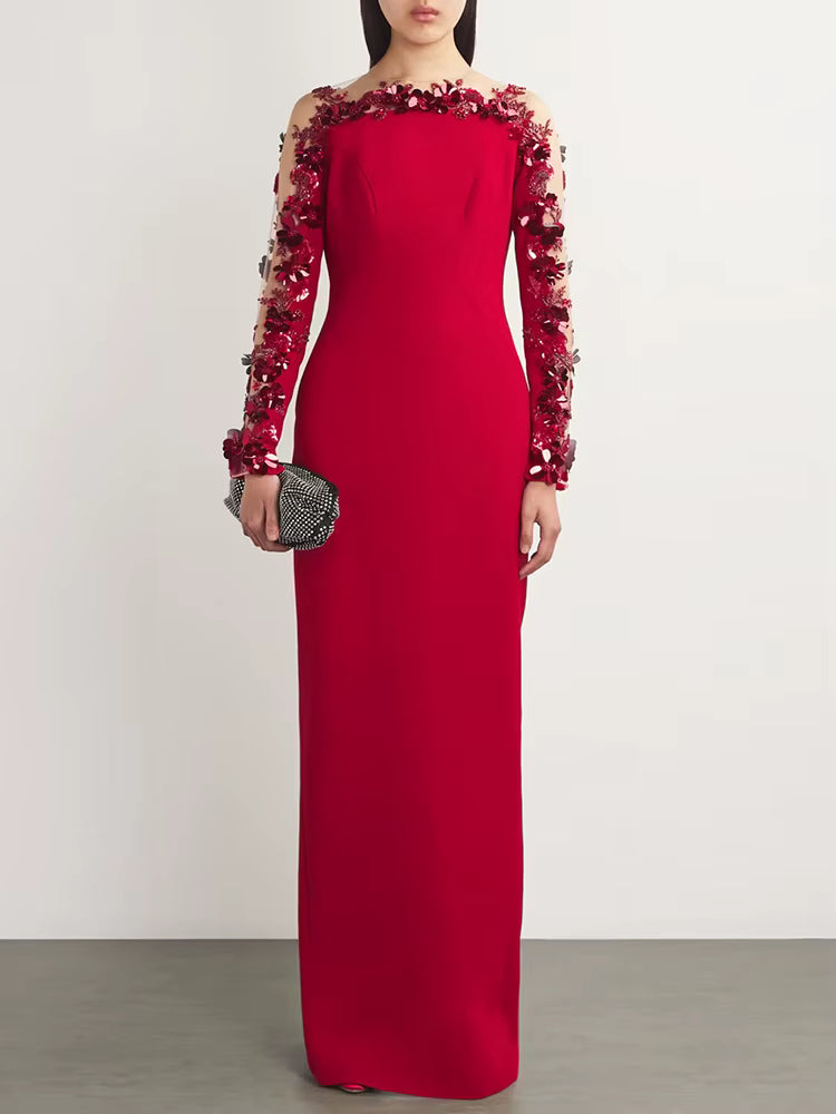 Elegant Diamonds Beaded Flower Mesh Stitching Long Maxi Dress