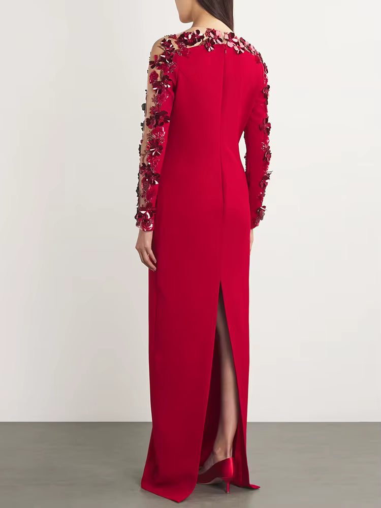 Elegant Diamonds Beaded Flower Mesh Stitching Long Maxi Dress