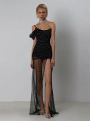 Elegant Diamonds One Shoulder Split Mesh Party Club Dress 2-Piece Set