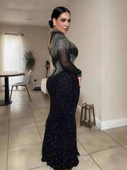 Elegant Diamonds Patchwork O-neck Bodycon Birthday Party Maxi Dress