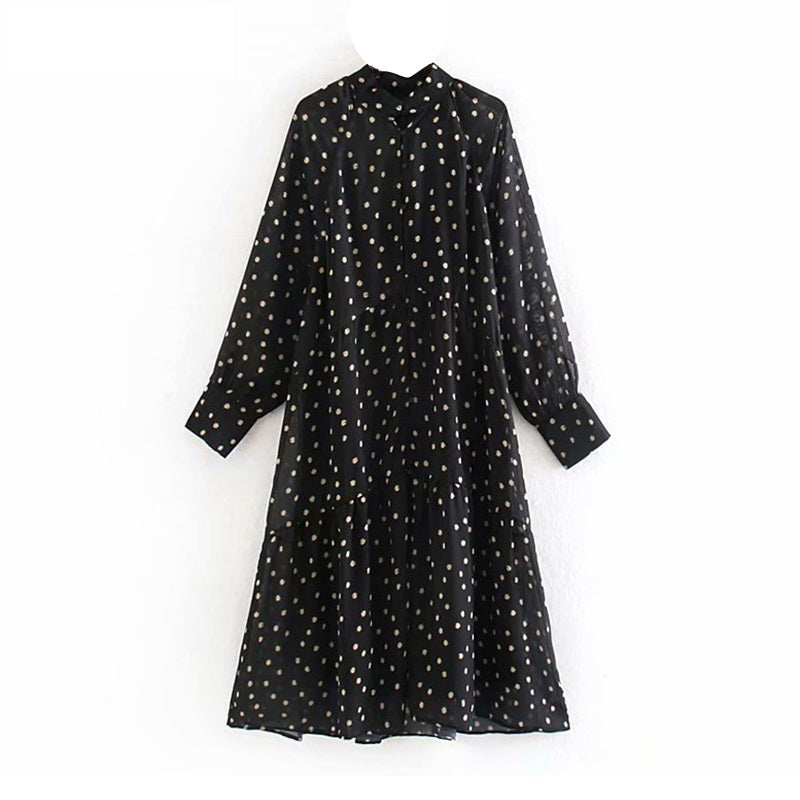 Elegant Dot Print Stand Collar Casual Long Dress