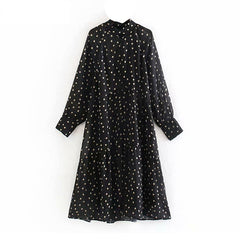 Elegant Dot Print Stand Collar Casual Long Dress