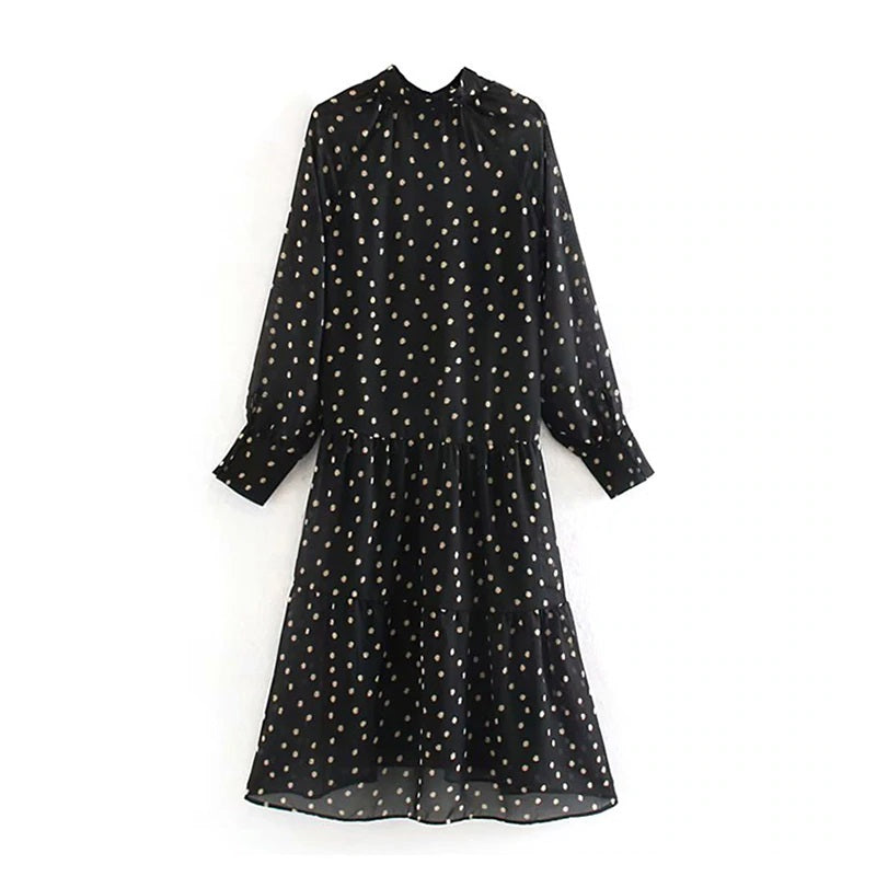 Elegant Dot Print Stand Collar Casual Long Dress