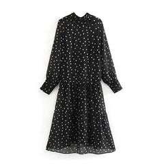 Elegant Dot Print Stand Collar Casual Long Dress