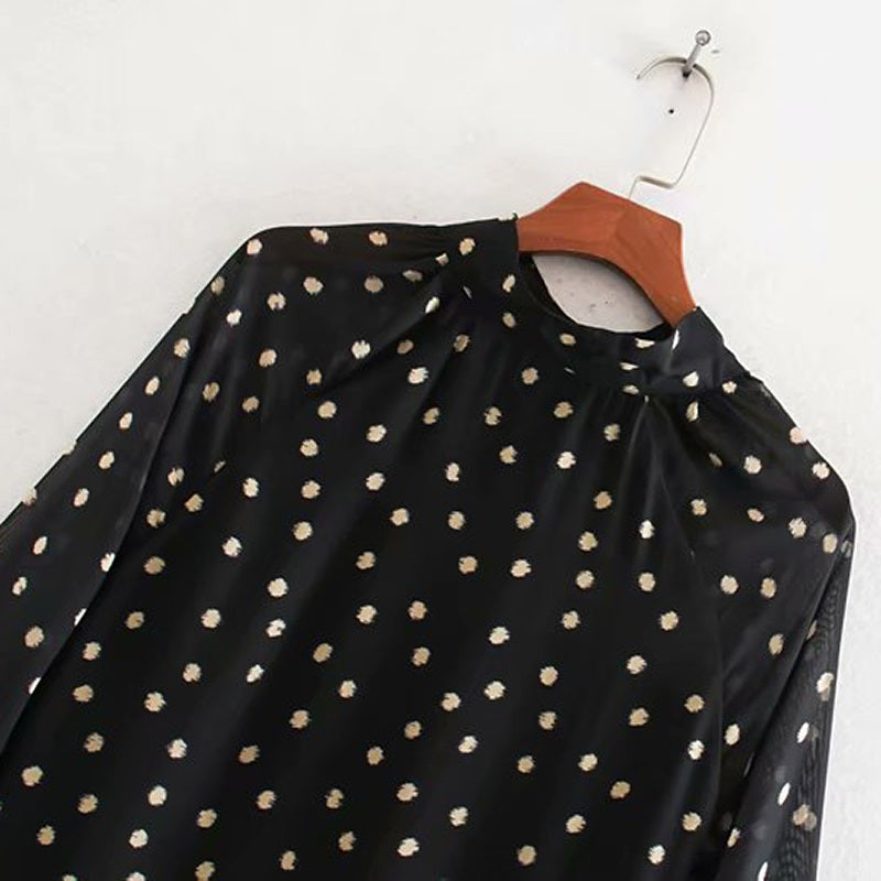 Elegant Dot Print Stand Collar Casual Long Dress