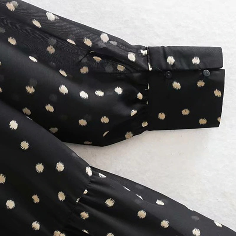 Elegant Dot Print Stand Collar Casual Long Dress