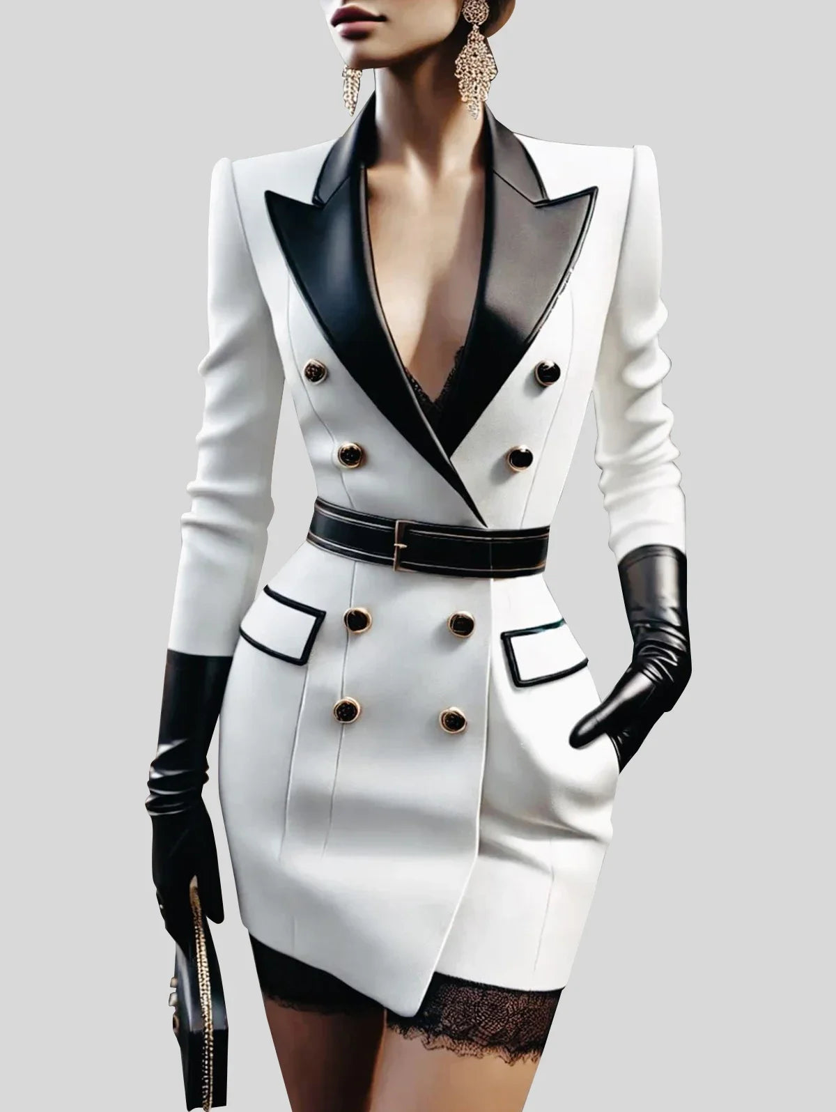 Elegant Double Breasted Peak Lapel With Belt Tailored Slim Fit Mini Blazer Dress