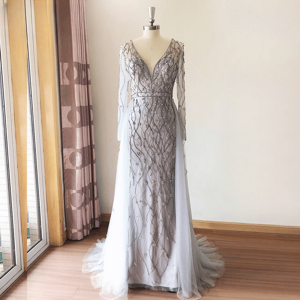 Elegant V-Neck Evening Long Sleeves Diamond Hand Made Sequin Prom Party Gown
