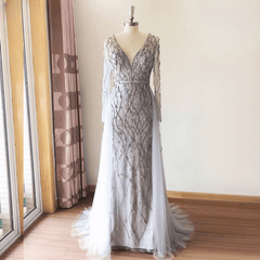 Elegant V-Neck Evening Long Sleeves Diamond Hand Made Sequin Prom Party Gown