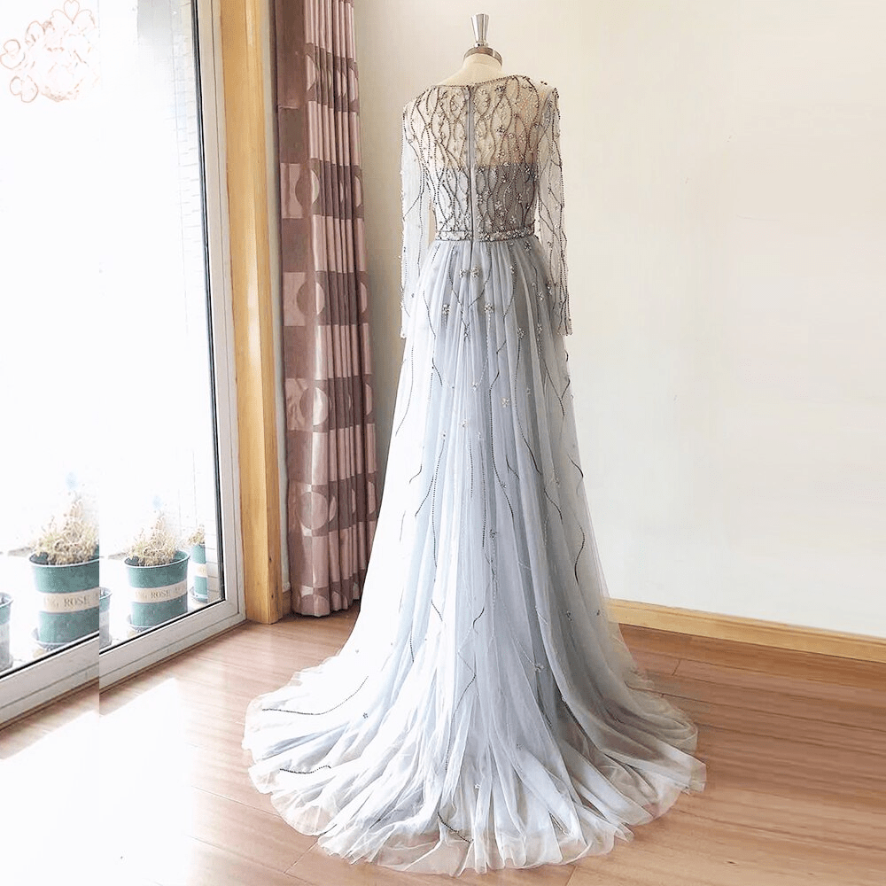 Elegant V-Neck Evening Long Sleeves Diamond Hand Made Sequin Prom Party Gown