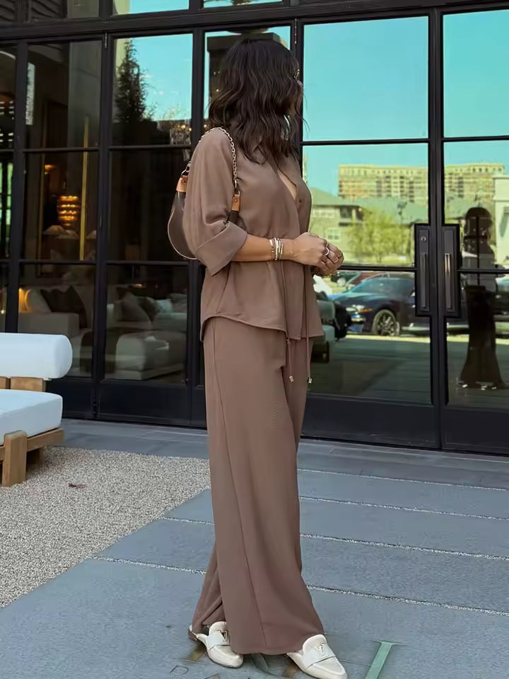 Elegant Elastic Waist Seven-Quarter Sleeve Lapel Loose Top And Pants 2 Piece Suit