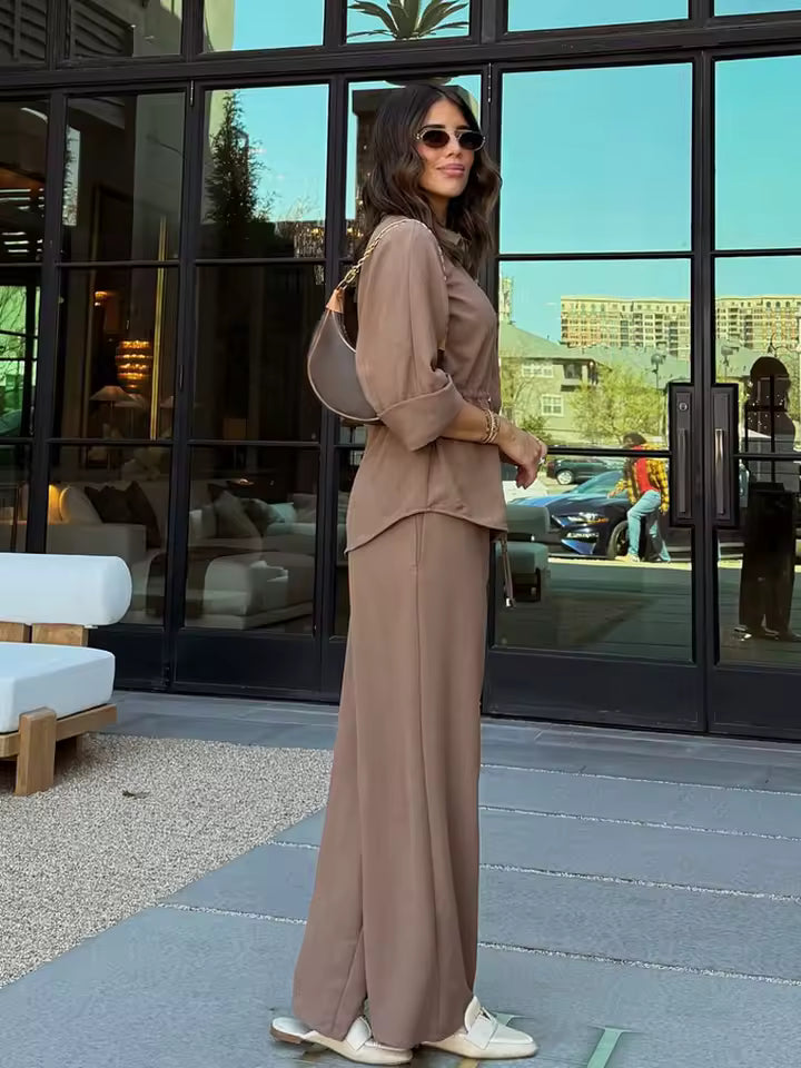 Elegant Elastic Waist Seven-Quarter Sleeve Lapel Loose Top And Pants 2 Piece Suit