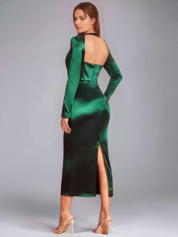 Elegant Embellished Collar Sheer Semi Formal Midi Dress