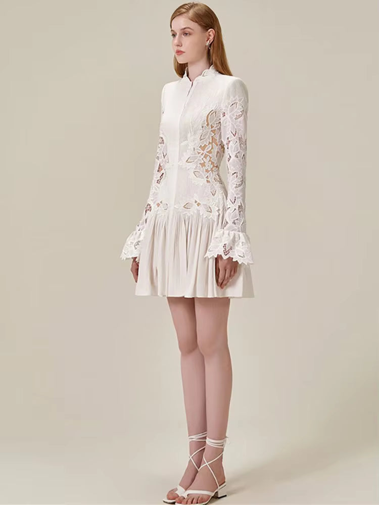 Elegant Embroider Pleated Hollow Out Flare Sleeve Lace Mini Dress