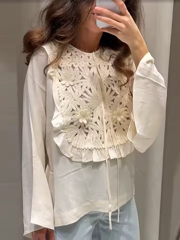 Elegant Embroidered Floral Shirt Flared Sleeves Round Necks Loose Tie Up Top Skirt Two Pcs set