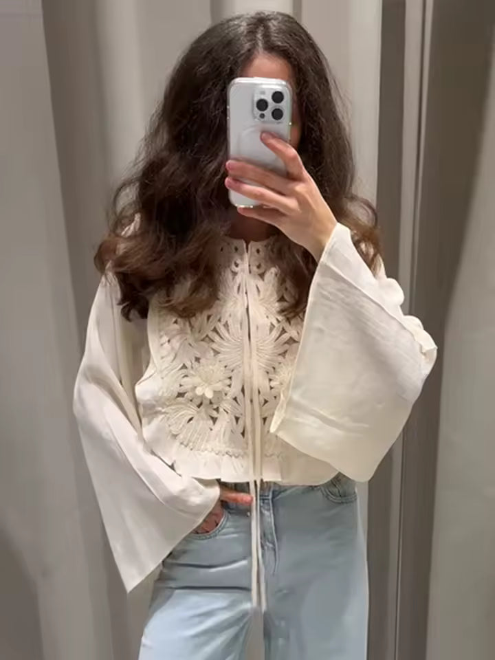 Elegant Embroidered Floral Shirt Flared Sleeves Round Necks Loose Tie Up Top Skirt Two Pcs set