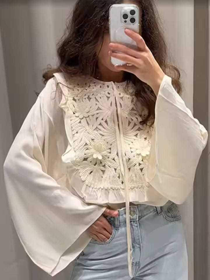 Elegant Embroidered Floral Shirt Flared Sleeves Round Necks Loose Tie Up Top Skirt Two Pcs set
