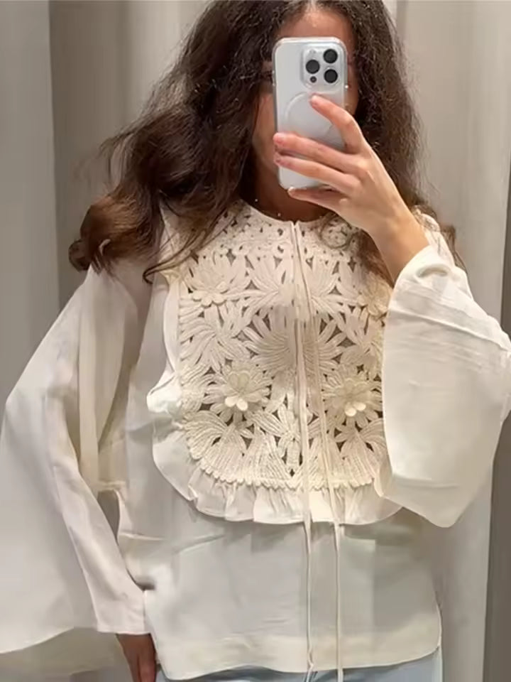 Elegant Embroidered Floral Shirt Flared Sleeves Round Necks Loose Tie Up Top Skirt Two Pcs set