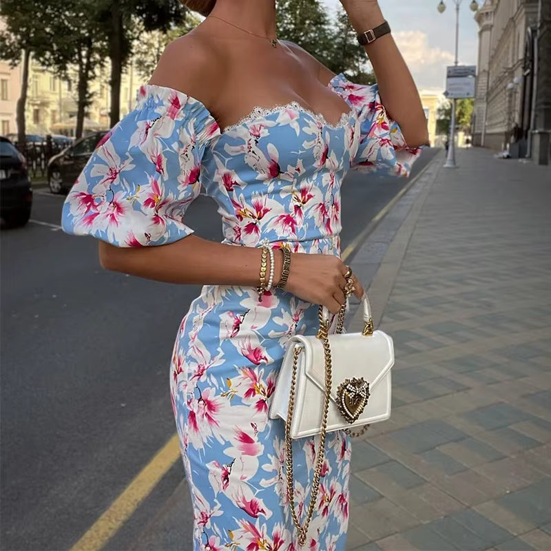 Casual Embroidered Hollow Off Shoulder Puff Sleeve Floral Print Midi Dress