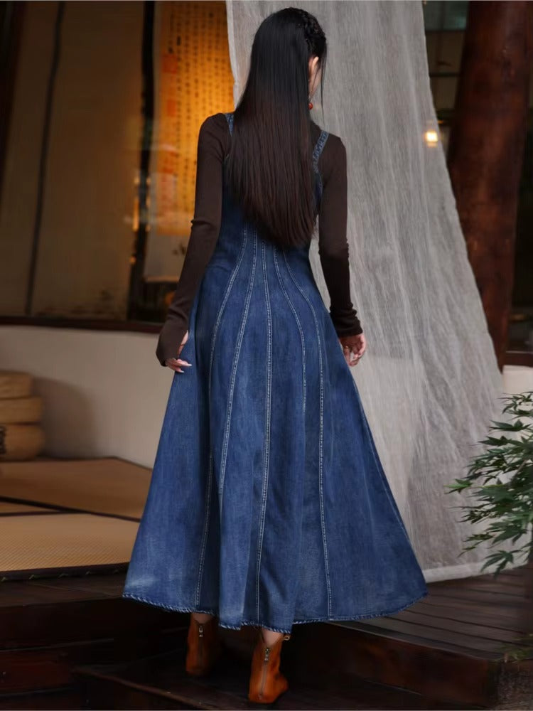 Elegant Embroidered Square Collar Slim Fit Retro Strap Denim Long Dress