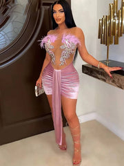 Elegant Embroidery Feathers Ruched Patchwork Velvet Bodycon Mini Dress
