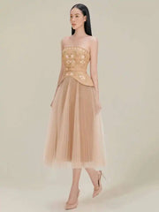 Elegant Embroidery Flowers Strapless Belt Tops Mesh Patchwork Pleated Skirt Two Piece Sets
