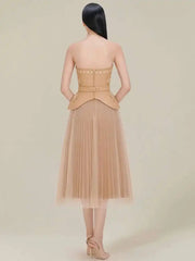 Elegant Embroidery Flowers Strapless Belt Tops Mesh Patchwork Pleated Skirt Two Piece Sets