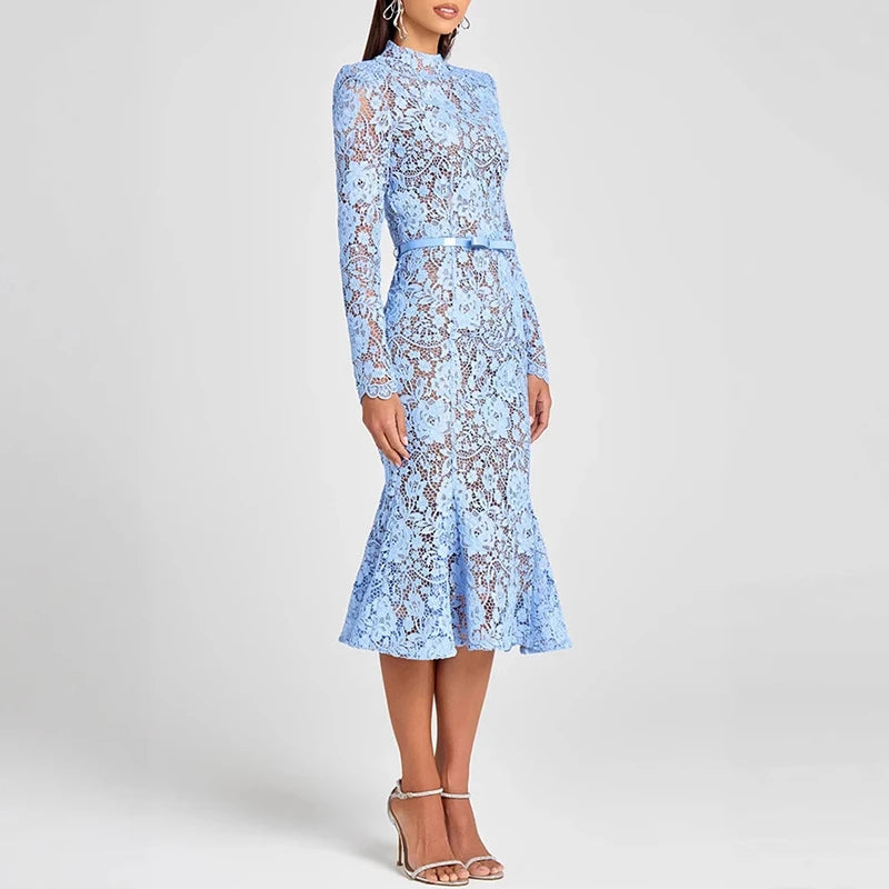 Elegant Embroidery Lace Crochet Hollow High-waist Bodycon Dresses