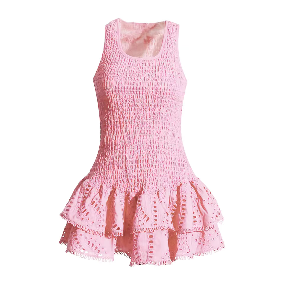 Elegant Embroidery Solid U-Neck High Waist Slimming Patchwork Fold Mini Dress