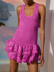 Elegant Embroidery Solid U-Neck High Waist Slimming Patchwork Fold Mini Dress