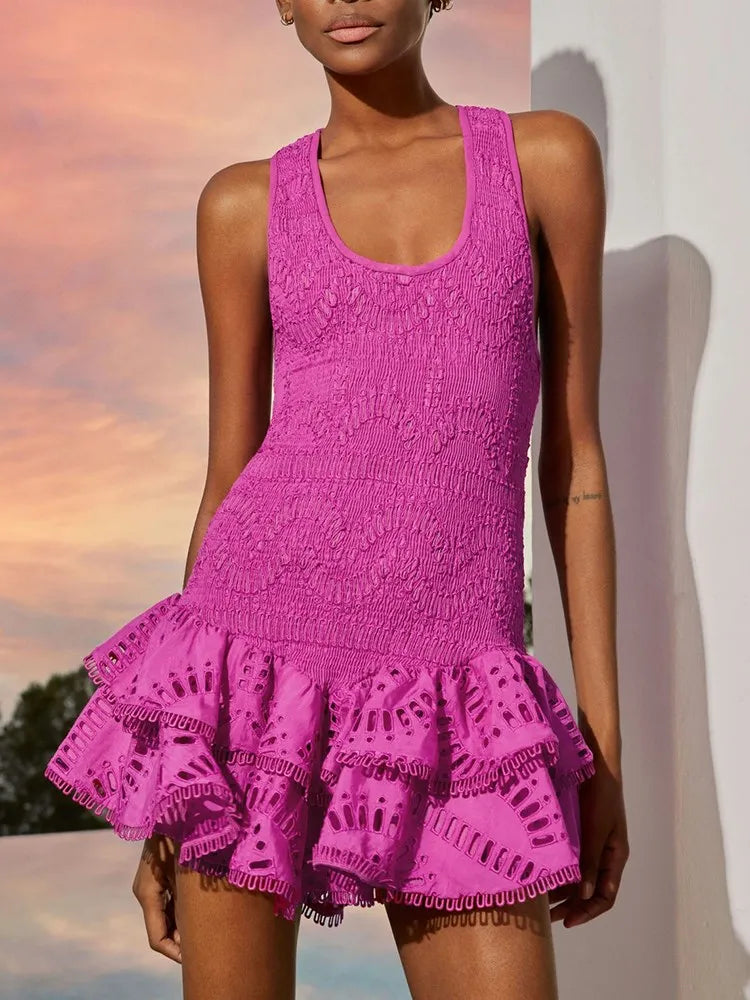 Elegant Embroidery Solid U-Neck High Waist Slimming Patchwork Fold Mini Dress