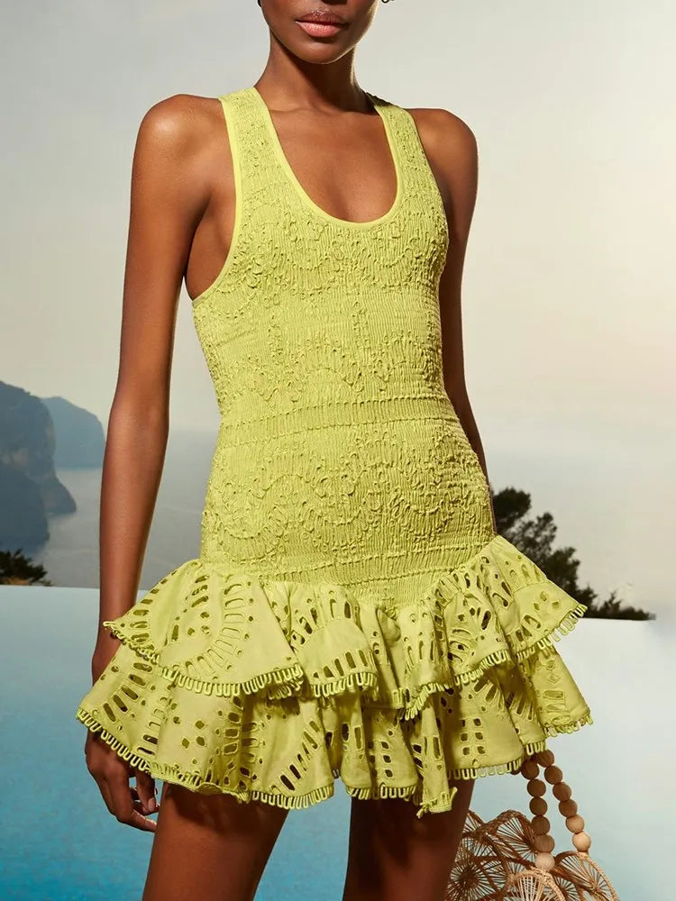 Elegant Embroidery Solid U-Neck High Waist Slimming Patchwork Fold Mini Dress