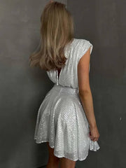 Elegant Embroidery V-Neck Lace-Up Open Back Sleeveless Casual Pleated Mini Dress