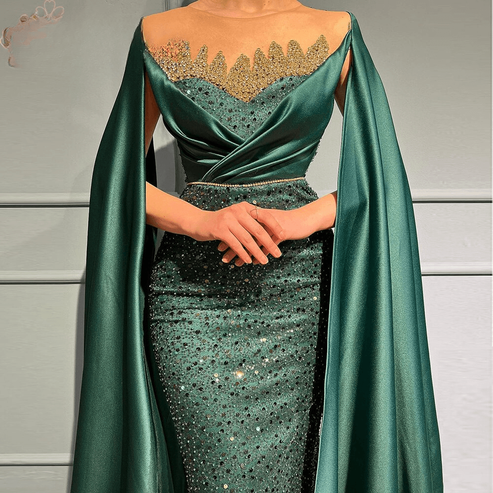 Elegant Emerald O Neck Beaded Evening Dress with Cape Sleeve