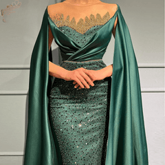 Elegant Emerald O Neck Beaded Evening Dress with Cape Sleeve