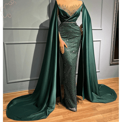 Elegant Emerald O Neck Beaded Evening Dress with Cape Sleeve
