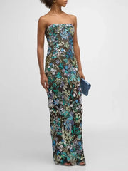 Elegant Empire Floral Embroidery Design Sleeveless Long Dress