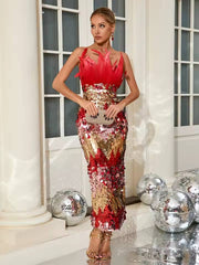 Elegant Empire Zipper Strapless Feather Sequins Maxi Dress